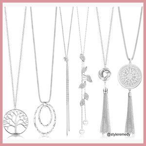 6 Piece Long Y Necklace Set with Tassel Bar Leaf Pendant